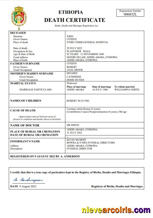 Ethiopia vital record death certificate